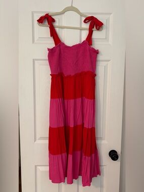 JODIFL Pink & Red Tiered Midi Sundress with Tie Straps